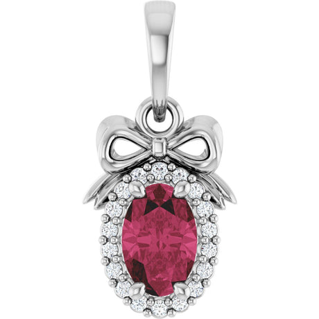 Platinum Oval Natural Rhodolite Garnet & Natural Diamond Accented Bow Necklace or Pendant