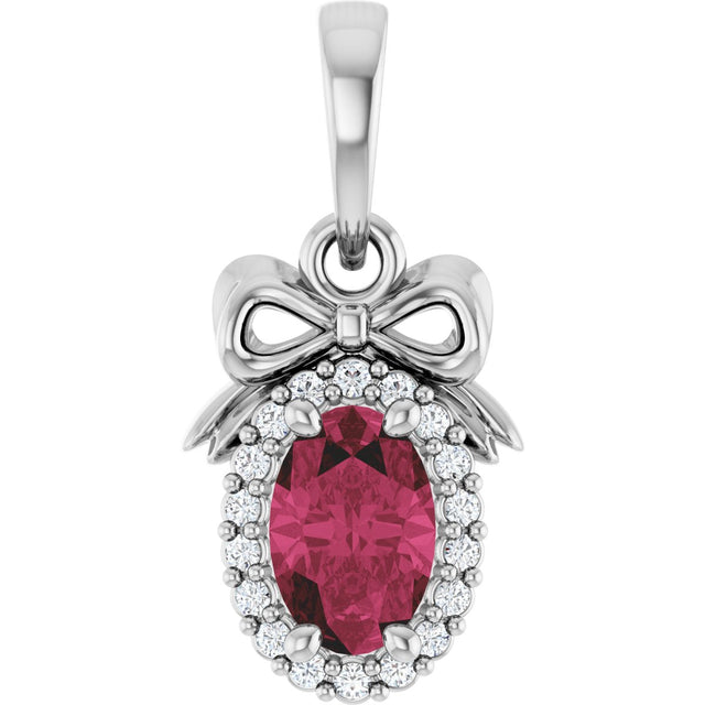 Platinum Oval Natural Rhodolite Garnet & Natural Diamond Accented Bow Necklace or Pendant