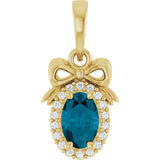 14K Gold Oval Natural London Blue Topaz & Natural Diamond Accented Bow Necklace or Pendant - Yellow Gold