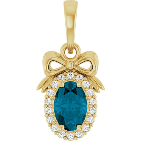 14K Gold Oval Natural London Blue Topaz & Natural Diamond Accented Bow Necklace or Pendant - Yellow Gold