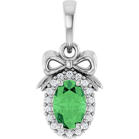 Platinum Oval Natural Tsavorite Garnet & Natural Diamond Accented Bow Necklace or Pendant