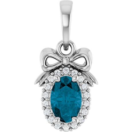 14K Gold Oval Natural London Blue Topaz & Natural Diamond Accented Bow Necklace or Pendant - White Gold