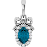 Platinum Oval Natural London Blue Topaz & Natural Diamond Accented Bow Necklace or Pendant