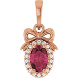 14K Gold Oval Natural Rhodolite Garnet & Natural Diamond Accented Bow Necklace or Pendant - Rose Gold