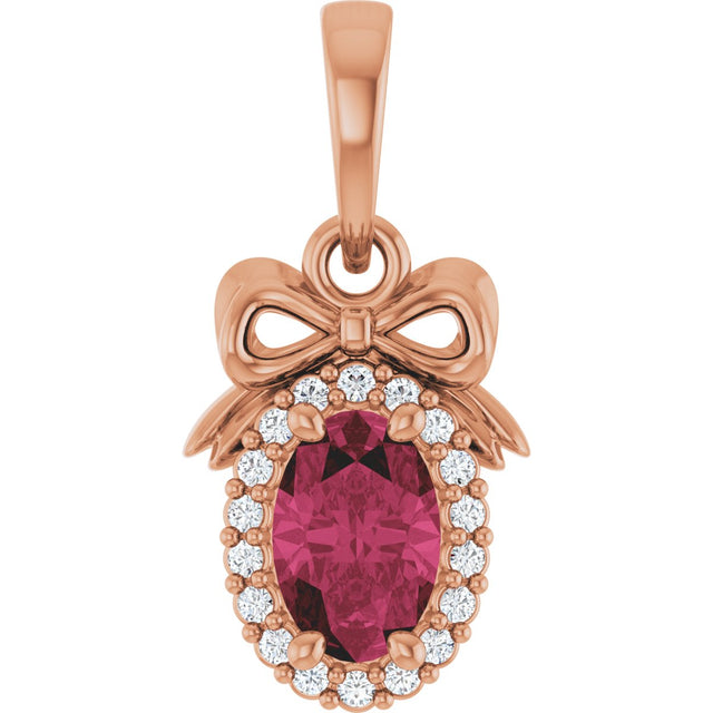 14K Gold Oval Natural Rhodolite Garnet & Natural Diamond Accented Bow Necklace or Pendant - Rose Gold