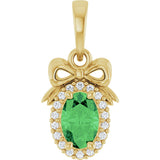 14K Gold Oval Natural Tsavorite Garnet & Natural Diamond Accented Bow Necklace or Pendant - Yellow Gold