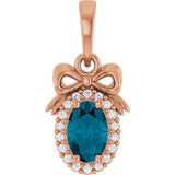 14K Gold Oval Natural London Blue Topaz & Natural Diamond Accented Bow Necklace or Pendant - Rose Gold