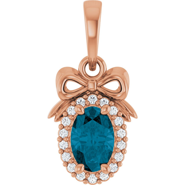 14K Gold Oval Natural London Blue Topaz & Natural Diamond Accented Bow Necklace or Pendant - Rose Gold