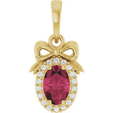 14K Gold Oval Natural Rhodolite Garnet & Natural Diamond Accented Bow Necklace or Pendant - Yellow Gold