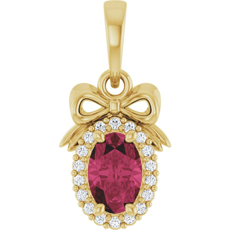 14K Gold Oval Natural Rhodolite Garnet & Natural Diamond Accented Bow Necklace or Pendant - Yellow Gold