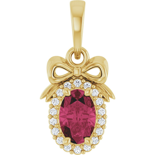 14K Gold Oval Natural Rhodolite Garnet & Natural Diamond Accented Bow Necklace or Pendant - Yellow Gold