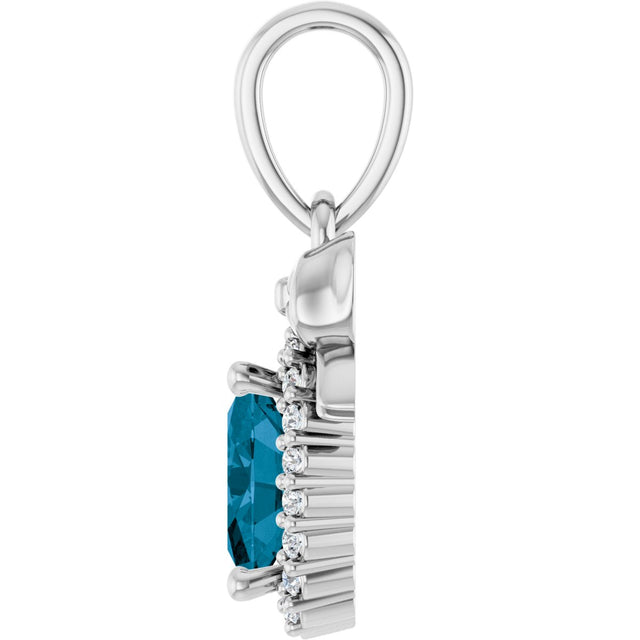 Platinum Oval Natural London Blue Topaz & Natural Diamond Accented Bow Necklace or Pendant - view 3