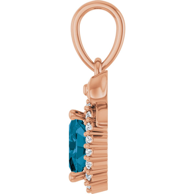 14K Gold Oval Natural London Blue Topaz & Natural Diamond Accented Bow Necklace or Pendant - Rose Gold - view 3