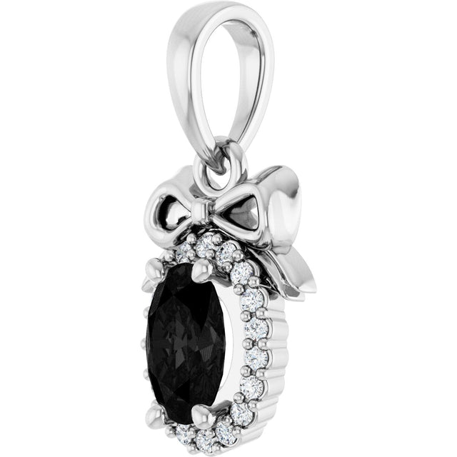 14K Gold Oval Natural Black Onyx & Natural Diamond Accented Bow Necklace or Pendant - White Gold - view 2