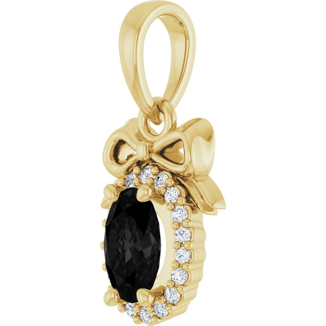 14K Gold Oval Natural Black Onyx & Natural Diamond Accented Bow Necklace or Pendant - Yellow Gold - view 2