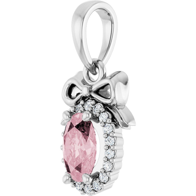 Platinum Oval Natural Pink Morganite & Natural Diamond Accented Bow Necklace or Pendant - view 2