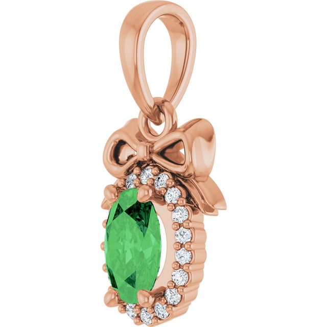 14K Gold Oval Natural Tsavorite Garnet & Natural Diamond Accented Bow Necklace or Pendant - Rose Gold - view 2