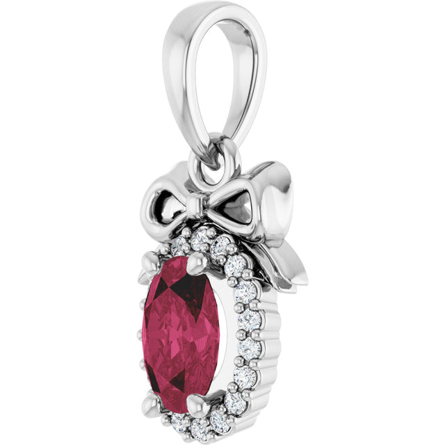 Platinum Oval Natural Rhodolite Garnet & Natural Diamond Accented Bow Necklace or Pendant - view 2