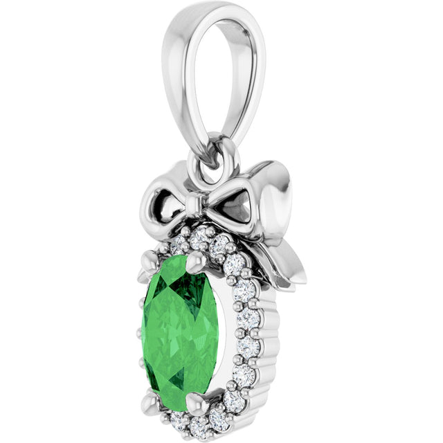 Platinum Oval Natural Tsavorite Garnet & Natural Diamond Accented Bow Necklace or Pendant - view 2