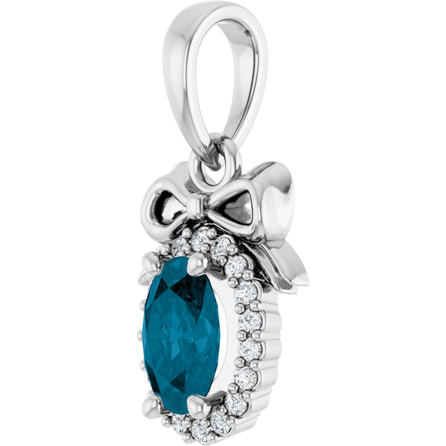 Platinum Oval Natural London Blue Topaz & Natural Diamond Accented Bow Necklace or Pendant - view 2