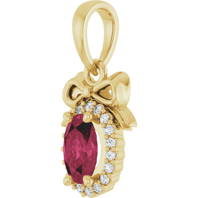 14K Gold Oval Natural Rhodolite Garnet & Natural Diamond Accented Bow Necklace or Pendant - Yellow Gold - view 2