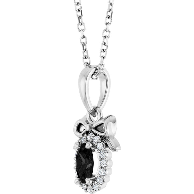 Platinum Oval Natural Black Onyx & Natural Diamond Accented Bow Necklace or Pendant - view 2