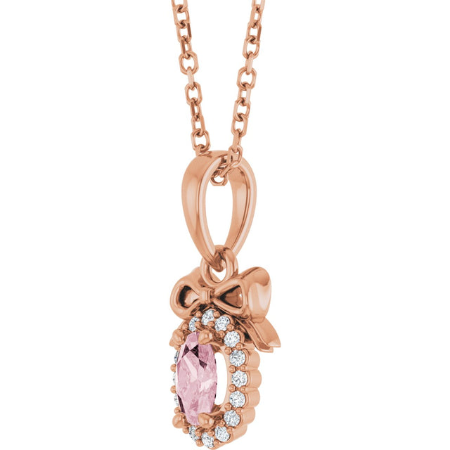 14K Gold Oval Natural Pink Morganite & Natural Diamond Accented Bow Necklace or Pendant - Rose Gold - view 2