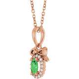 14K Gold Oval Natural Tsavorite Garnet & Natural Diamond Accented Bow Necklace or Pendant - Rose Gold - view 2