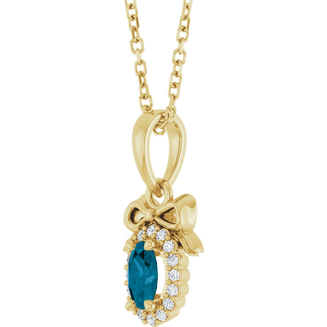 14K Gold Oval Natural London Blue Topaz & Natural Diamond Accented Bow Necklace or Pendant - Yellow Gold - view 2