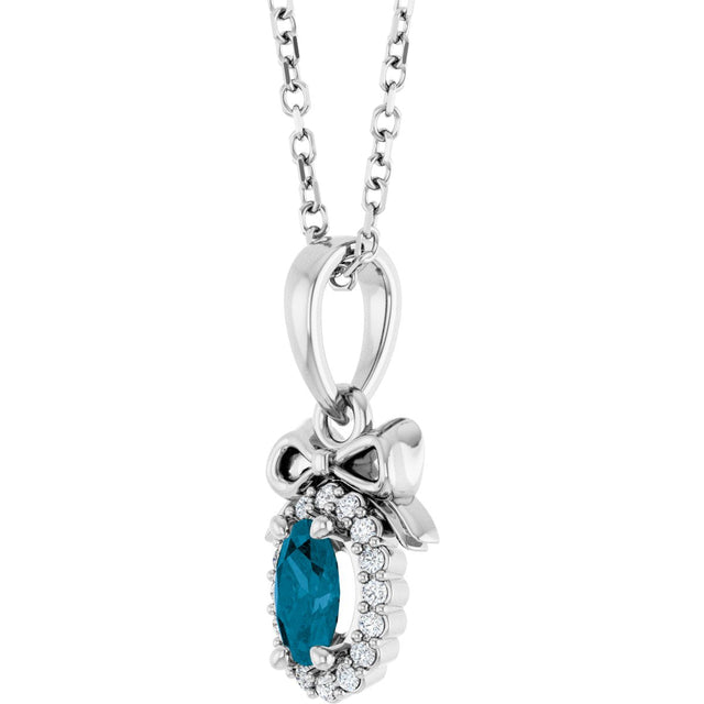 14K Gold Oval Natural London Blue Topaz & Natural Diamond Accented Bow Necklace or Pendant - White Gold - view 2