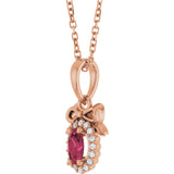 14K Gold Oval Natural Rhodolite Garnet & Natural Diamond Accented Bow Necklace or Pendant - Rose Gold - view 2