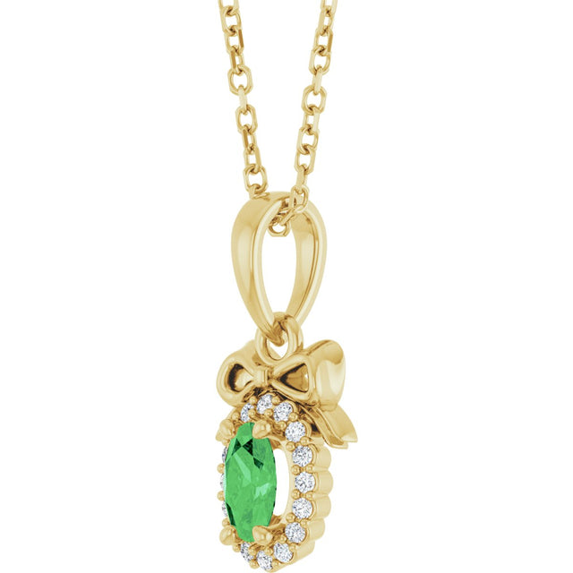 14K Gold Oval Natural Tsavorite Garnet & Natural Diamond Accented Bow Necklace or Pendant - Yellow Gold - view 2