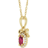 14K Gold Oval Natural Rhodolite Garnet & Natural Diamond Accented Bow Necklace or Pendant - Yellow Gold - view 2