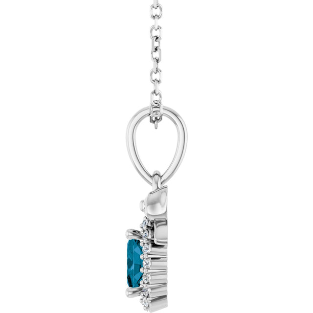 Platinum Oval Natural London Blue Topaz & Natural Diamond Accented Bow Necklace or Pendant - view 3