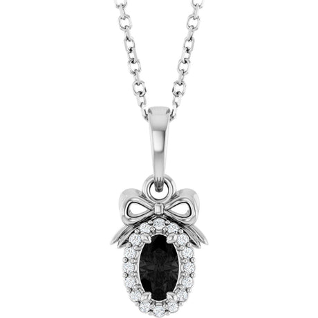 14K Gold Oval Natural Black Onyx & Natural Diamond Accented Bow Necklace or Pendant - White Gold
