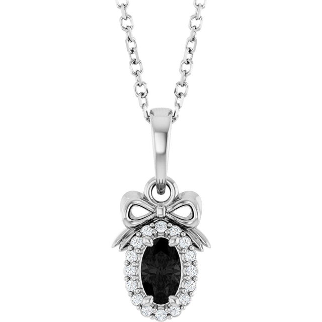 14K Gold Oval Natural Black Onyx & Natural Diamond Accented Bow Necklace or Pendant - White Gold