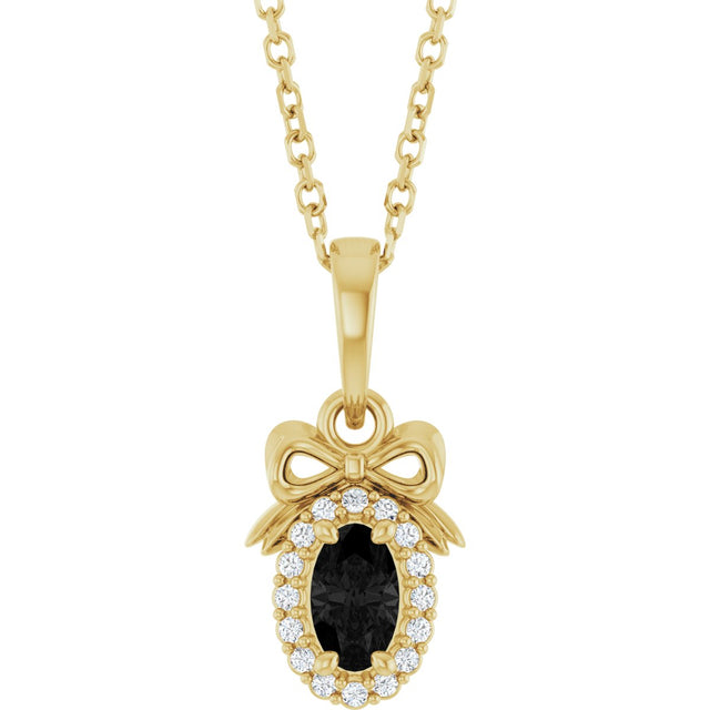 14K Gold Oval Natural Black Onyx & Natural Diamond Accented Bow Necklace or Pendant - Yellow Gold