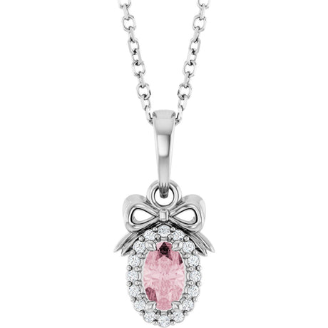 Platinum Oval Natural Pink Morganite & Natural Diamond Accented Bow Necklace or Pendant