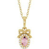 14K Gold Oval Natural Pink Morganite & Natural Diamond Accented Bow Necklace or Pendant - Yellow Gold