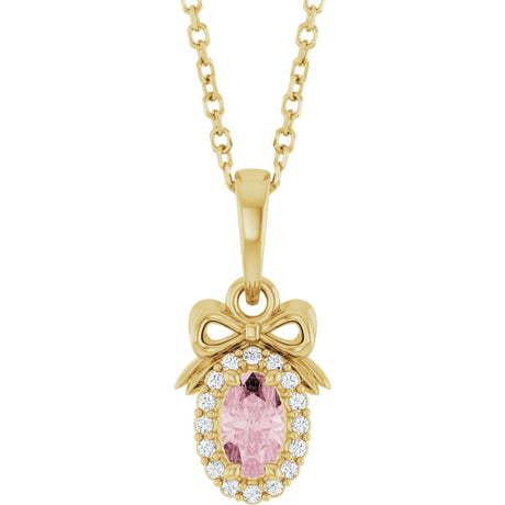 14K Gold Oval Natural Pink Morganite & Natural Diamond Accented Bow Necklace or Pendant - Yellow Gold