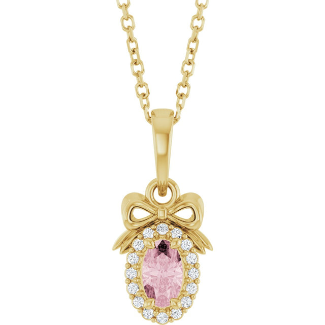 14K Gold Oval Natural Pink Morganite & Natural Diamond Accented Bow Necklace or Pendant - Yellow Gold