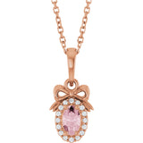 14K Gold Oval Natural Pink Morganite & Natural Diamond Accented Bow Necklace or Pendant - Rose Gold