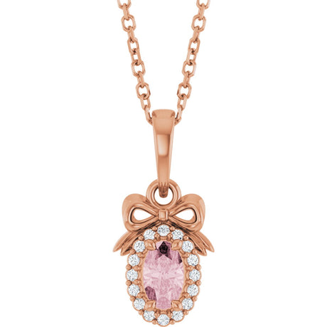 14K Gold Oval Natural Pink Morganite & Natural Diamond Accented Bow Necklace or Pendant - Rose Gold