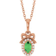 14K Gold Oval Natural Tsavorite Garnet & Natural Diamond Accented Bow Necklace or Pendant - Rose Gold