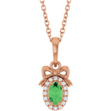 14K Gold Oval Natural Tsavorite Garnet & Natural Diamond Accented Bow Necklace or Pendant - Rose Gold