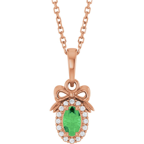 14K Gold Oval Natural Tsavorite Garnet & Natural Diamond Accented Bow Necklace or Pendant - Rose Gold