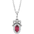 Platinum Oval Natural Rhodolite Garnet & Natural Diamond Accented Bow Necklace or Pendant