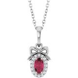 14K Gold Oval Natural Rhodolite Garnet & Natural Diamond Accented Bow Necklace or Pendant - White Gold