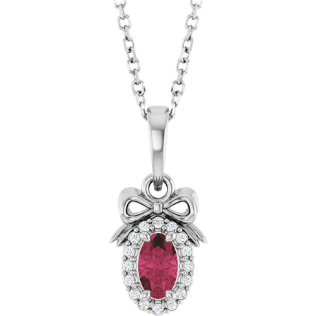 14K Gold Oval Natural Rhodolite Garnet & Natural Diamond Accented Bow Necklace or Pendant - White Gold