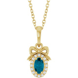 14K Gold Oval Natural London Blue Topaz & Natural Diamond Accented Bow Necklace or Pendant - Yellow Gold